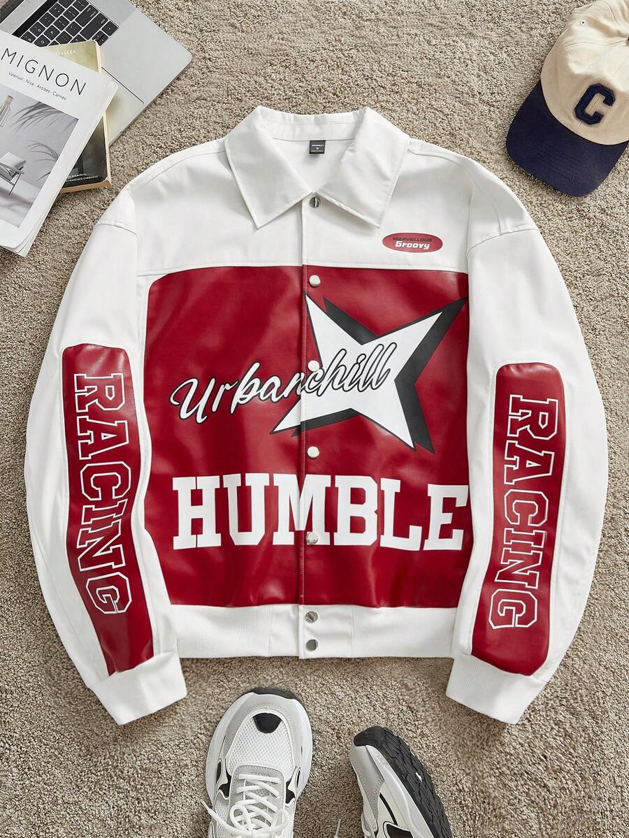 Manfinity Unisex Men's Woven Fashionable Casual Daily Loose Long Sleeve PU Leather Jacket, School, For Fall Winter, Couple Things - Red and White - View 1