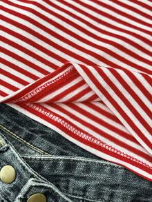 Teen Girls Striped Contrast Lace Casual Versatile Daily Wear Long Sleeve T-Shirt - Red and White - View 6