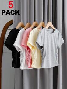 Sparklyn Set da 5 magliette casual a maniche corte con arricciatura in vita, adatte per ragazze pre-adolescenti, versatili per primavera/estate - Multicolore - Visualizzare 1