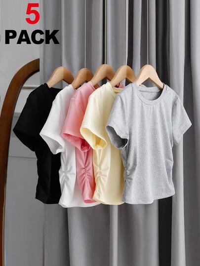 Sparklyn Set de 5 camisetas de manga corta casuales y versátiles para primavera/verano con diseño de pliegues en la cintura para niñas preadolescentes