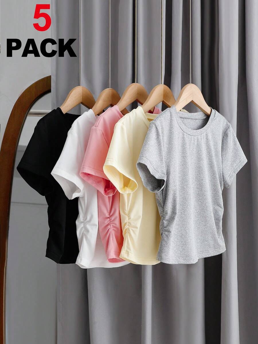 Sparklyn Set da 5 magliette casual a maniche corte con arricciatura in vita, adatte per ragazze pre-adolescenti, versatili per primavera/estate - Multicolore - Visualizzare 1