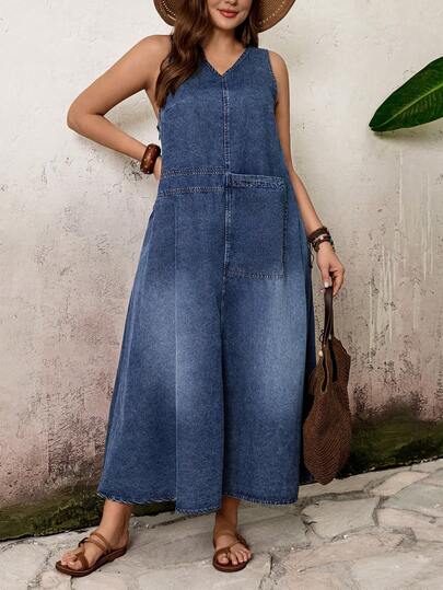 EMERY ROSE 大码女式夏季休闲度假日常通勤V领无袖收腰牛仔连衣裙