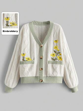 Fairycore كارديجان بأكمام طويلة وياقة على شكل حرف V بألوان متباينة مطرز بزخارف زهرية