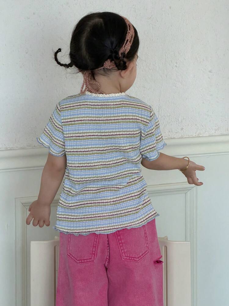 Toddler Girls' V-Neck Lace Casual Striped Short Sleeve Top, Korean Style For Spring/Summer