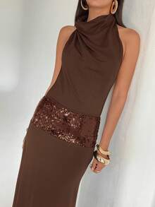 Aloruh Đầm đen đính sequin, hở lưng, cổ yếm - màu nâu - Xem 4