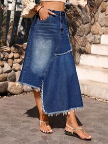 Breezaya Falda vaquera con bajo asimétrico para mujer - Azul lavado medio - Ver 5