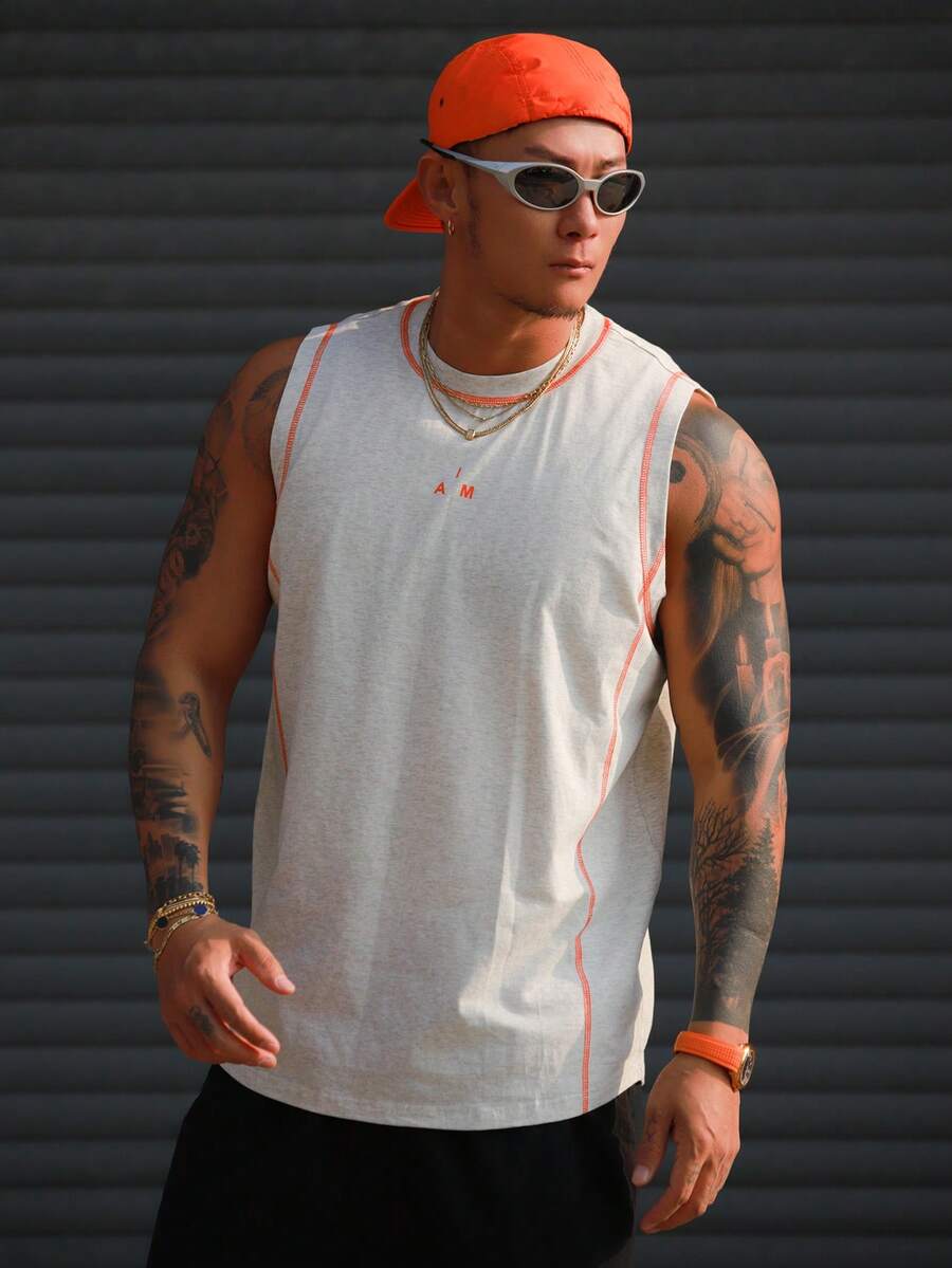 DAZY Men's Loose Fit Sleeveless Tank Top With Floral, Letter Print & Contrast Stitching, Summer - Light Grey - View 1