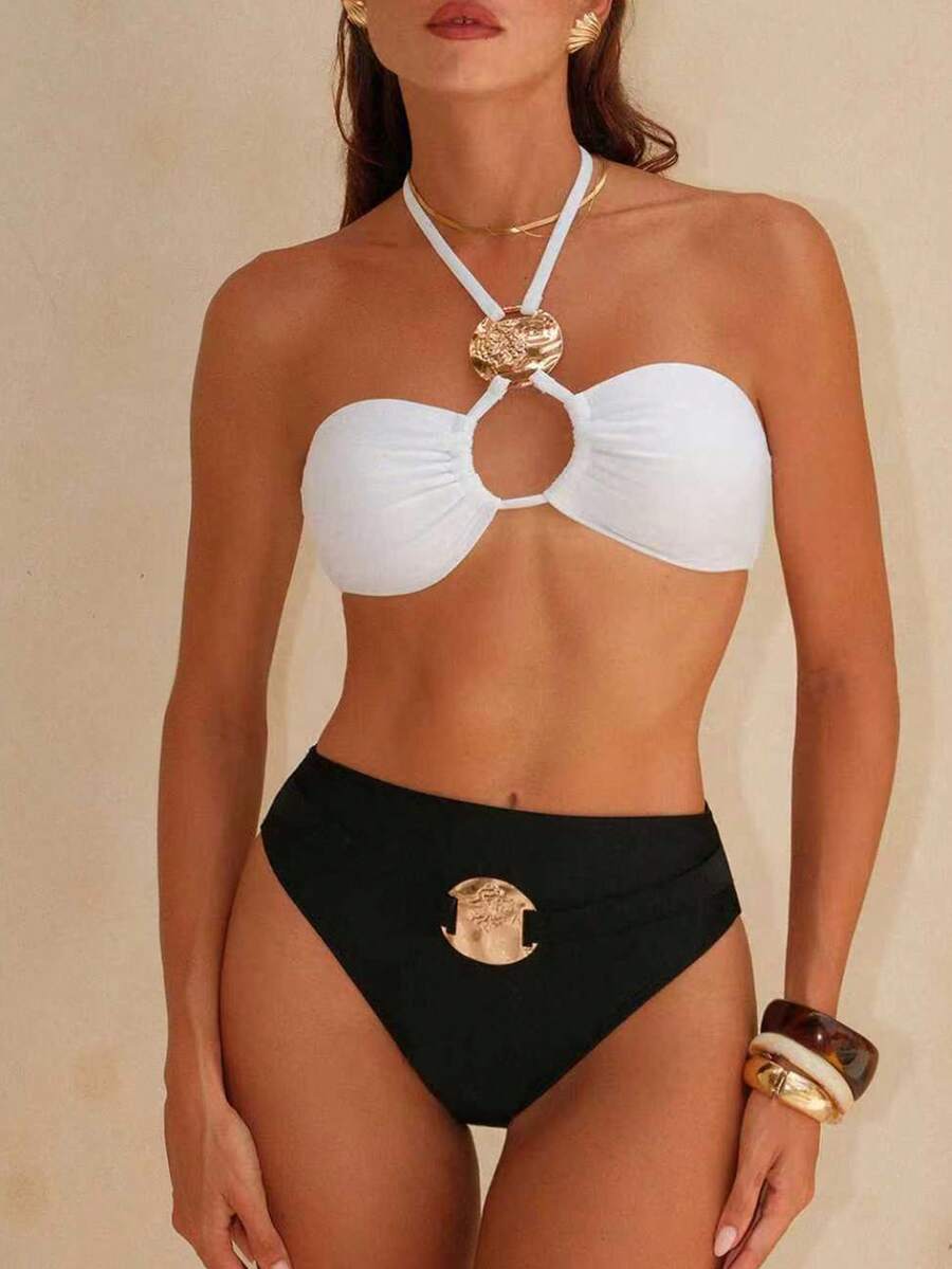 Swim Chiccia Ensemble de maillot de bain 2 pièces avec contraste noir et blanc, décolleté ajouré. Maillot de bain élégant pour vacances à la plage - Noir et Blanc - Voir 1