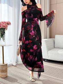Modelyn 女士印花露背荷叶边收腰优雅长款派对连衣裙 - 玫紅色 - 查看 2