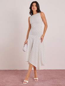 Enchnt 波点无袖圆领荷叶边下摆不对称下摆时尚连衣裙 - 米色 - 查看 3