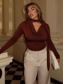 Maria Perezxox 1pc Women Simple Elegant Long Sleeve Draped Collar Pleated Fitted T-Shirt - Brown - View 5