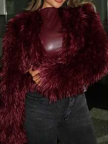 Maria Perezxox 女士时尚性感短款仿皮草大衣，秋冬新品 - 酒紅色 - 查看 5