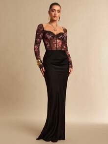 Silquee 新款花卉印花薄纱蕾丝边性感优雅连体衣，女士款，春秋季 - 棕色 - 查看 3