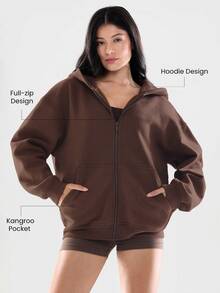 GLOWMODE Heavyweight Fleece Oversized Hoodie Jacket Side Pocket Thick Thermal Warm Winter - Brown - View 4