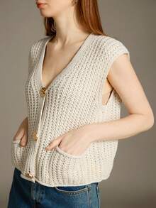 Elnivra Preppy Style Y2K V-Neck Ribbed Beige White Knit Cardigan Vest With Metal Button Front, Spring/Summer For Valentine's Day - Beige - View 5