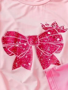 少女休闲蝴蝶结印花T恤套装，夏季 - 彩色 - 查看 7