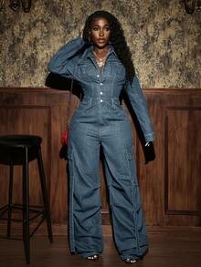 Slaydiva Women's Casual Denim Jumpsuit - Light Wash - View 6
