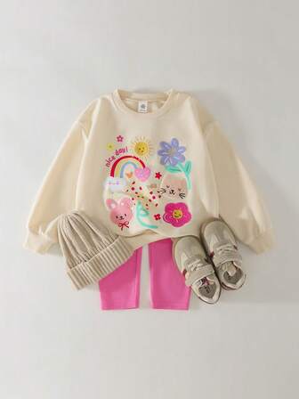 THE HAPPY LOOK 2pcs/Set Young Girl Cartoon Animal Print Soft Knit Crew Neck Long Sleeve Pullover Sweatshirt And Elastic Waist Pants