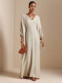 Vesra Women's Casual Vacation Style Solid Color V-Neck Batwing Sleeve Loose Long Dress, Spring/Autumn - Apricot - View 5