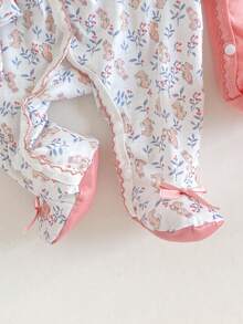 SHEIN 2pcs/Set Newborn Baby Girls Cute Light Pink Ditsy Floral Romper & Pants Set,Rabbit Design Long Sleeve Footed Jumpsuit With Hat For Winter Night - Multicolor - View 6