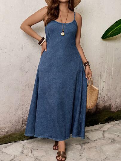 EMERY ROSE Plus Size Women Casual Date Party Denim Strap Dress,For Date, Party, Cocktail, Formal Events, Vacation, Office, Work, Commute, Wedding Guest, And Western Festival