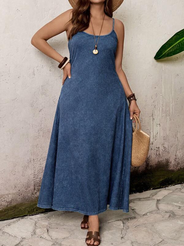 EMERY ROSE Plus Size Women Casual Date Party Denim Strap Dress,For Date, Party, Cocktail, Formal Events, Vacation, Office, Work, Commute, Wedding Guest, And Western Festival