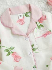 SHEIN 两件套碎花印花女童长袖开衫和长裤套装，休闲舒适家居服 - 彩色 - 查看 7