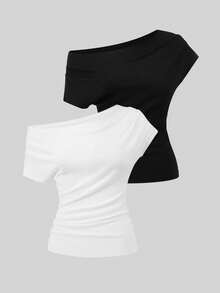 SHEIN HypeZone 2 chiếc áo thun nữ mùa hè kiểu dáng bất đối xứng vai nhún bèo, phong cách Punk Y2K, đen trắng - Nhiều màu - Xem 5