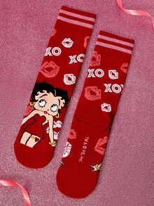 Betty Boop x SHEIN 2双装柔软透气吸湿休闲女士中筒袜，时尚可爱卡通紫白图案，加固袜头和袜跟，经久耐穿，四季皆宜，夏季冬季百搭，图案袜子