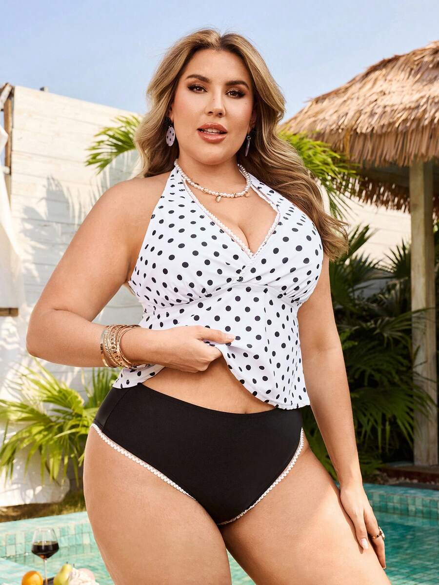 Swim Lushoire Elegant Vintage Polka Dot Contrast Color Plus Size Women Tankini Swimsuit Set - Black and White - View 1