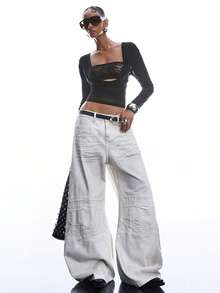 LYSMO Áo thun dài tay nữ màu trơn phối ren - màu đen - Xem 6