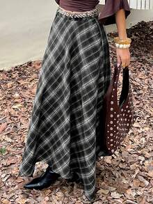 DAZY Chân váy nữ kẻ caro phong cách tối giản thường ngày, phù hợp với xu hướng Y2K. - màu đen - Xem 2