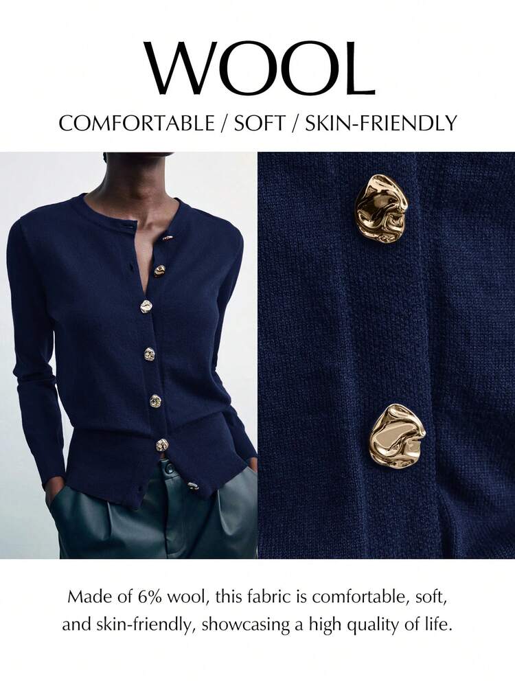 SHEIN Maija Women's Spring/Summer Open Front Metal Button Decor Loose Knit Cardigan, Basic Urban Commute Style, Minimalist Fashion Elegant Business Casual  Classic Top