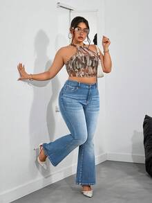 SHEIN PETITE CURVE Quần jean trơn đơn giản cỡ lớn - Rửa nhẹ - Xem 4