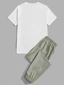 SWAVVY Men Casual Color Block Palm Tree & Slogan Graphic Patched Short Sleeve Tee And Pants Set Summer Outfit, Cozy Outfits, Couple Things - White - View 7
