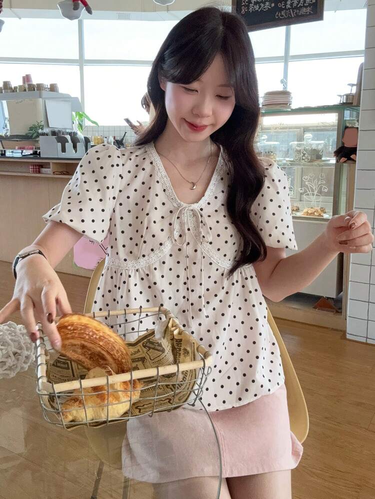 Women's Lace Patchwork Polka Dot Puff Sleeve Blouse, Korean Style For Spring/Summer