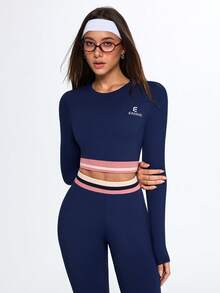 Dewbera Dewbera 2pcs Women's Navy Blue And White Workout Sets,Seamless Autumn Athleisure,Long Sleeve Crop Top And High Waist Leggings,Contrast Stripe Gym Sportswear - Royal Blue - View 13