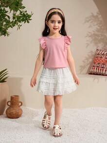 Elladie kids 少女圆领休闲可爱日常上衣，后背饰有蝴蝶结，荷叶袖 - 粉色 - 查看 4