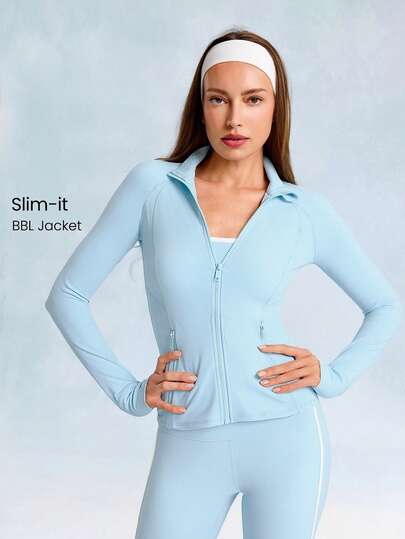 GLOWMODE Chaqueta con cremallera de manga larga FeatherFit™ Slim-It Streamline Performance con bolsillos seguros, para yoga de bajo impacto y uso diario en otoño