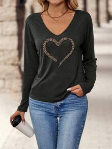 EMERY ROSE Women's Casual Everyday V-Neck Long Sleeve T-Shirt,Grey Leopard Print Heart Graphic Retro Minimalist Tee For Autumn,Spring Daily Commute - Dark Grey - View 5