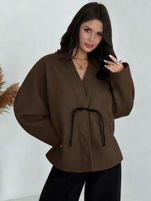 Firerie Áo khoác len kaki dáng suông thanh lịch tối giản dành cho nữ, cổ chữ V, tay cánh dơi, phối cúc tương phản, thích hợp mặc đi làm hàng ngày, mùa Thu/Đông. - Cà phê nâu - Xem 6