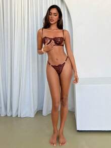 Aloruh Bộ đồ lót ren và quần lót màu nâu cà phê dành cho nữ - Cà phê nâu - Xem 4