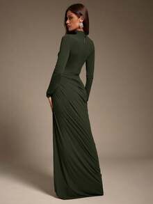Hauture Women's Sexy Mock Neck Ruched Asymmetric Second Skin Jersey Stretchy Long Sleeve Maxi Dress - Green - View 2