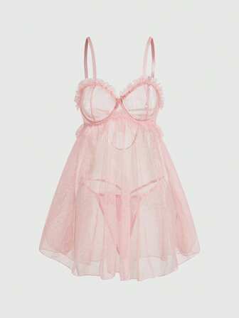 Camisón sexy con volantes a lunares y tanga, de estilo romántico, dulce e inocente tipo Kawaii