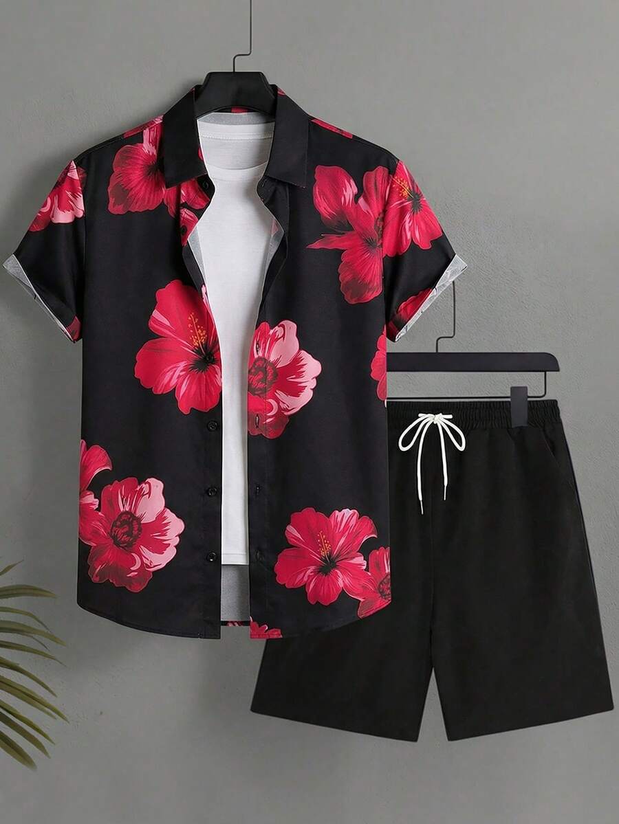 Manfinity Swimmode Conjunto de Camisa de Manga Curta com Estampa Floral e Shorts de Cor Sólida para Homens, Conjunto Curto de 2 Peças, Conjunto de Flores Curto, Conjunto Combinando de Flores para Férias Masculino - Multicolorido - Visão 1