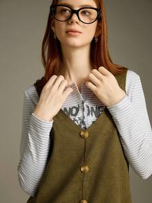 Elnivra 纯色纽扣装饰休闲无袖连衣裙 - 綠色 - 查看 3