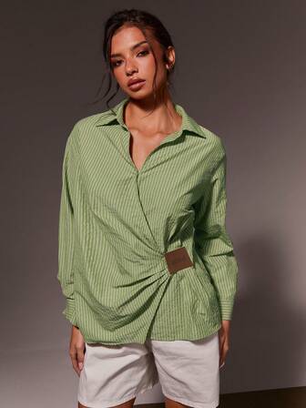 Athîral Women's Striped Drop Shoulder Long Sleeve Ruched Casual Shirt