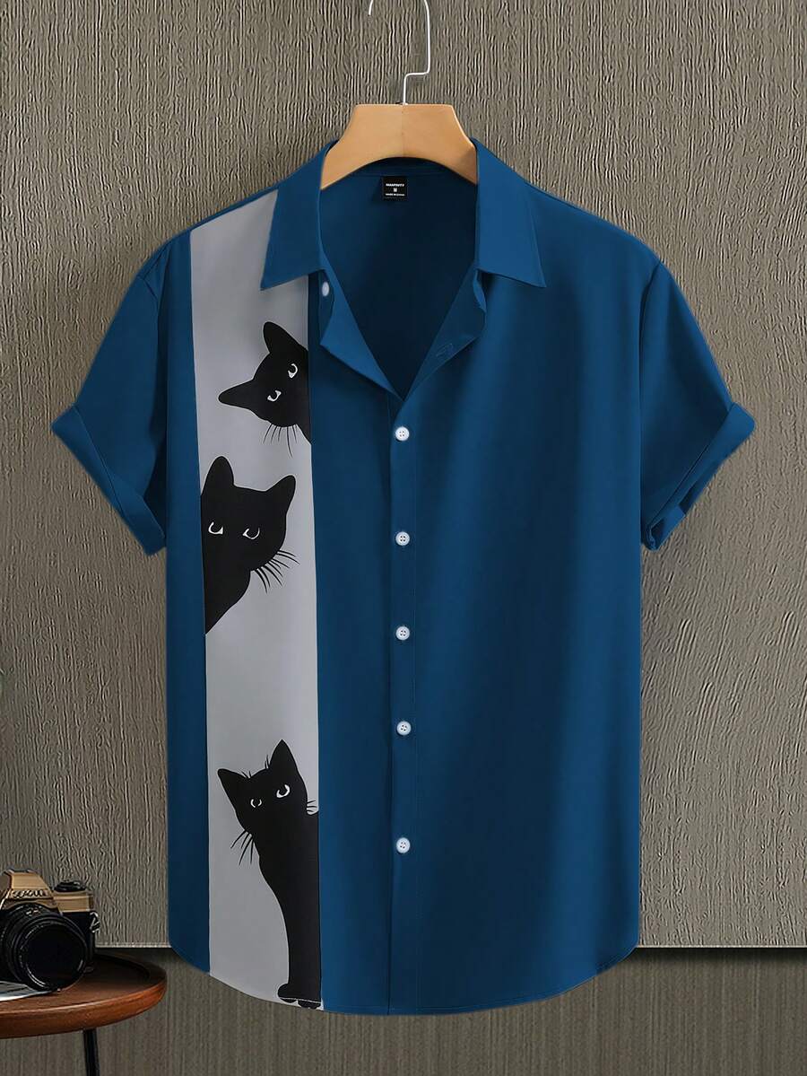 Manfinity Homme 男士休闲撞色猫咪印花衬衫，夏季蓝黑白衬衫，男士狗狗印花衬衫，蓝色图案衬衫，男士猫咪衬衫，蓝色设计师衬衫，复古风格，适合日常休闲、周末旅行、户外活动、探险旅行、轻松的工作环境或半正式场合，可作为男友/丈夫礼物、周年纪念/生日礼物、派对、夏季假期、沙滩装、夏威夷婚礼、春夏两季穿着。 - 藏蓝色 - 查看 1