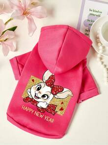 PETSIN 1件可爱脸颊兔字母印花宠物帽帽连帽衫玫瑰红秋冬休闲运动风宠物服装 - 玫紅色 - 查看 1