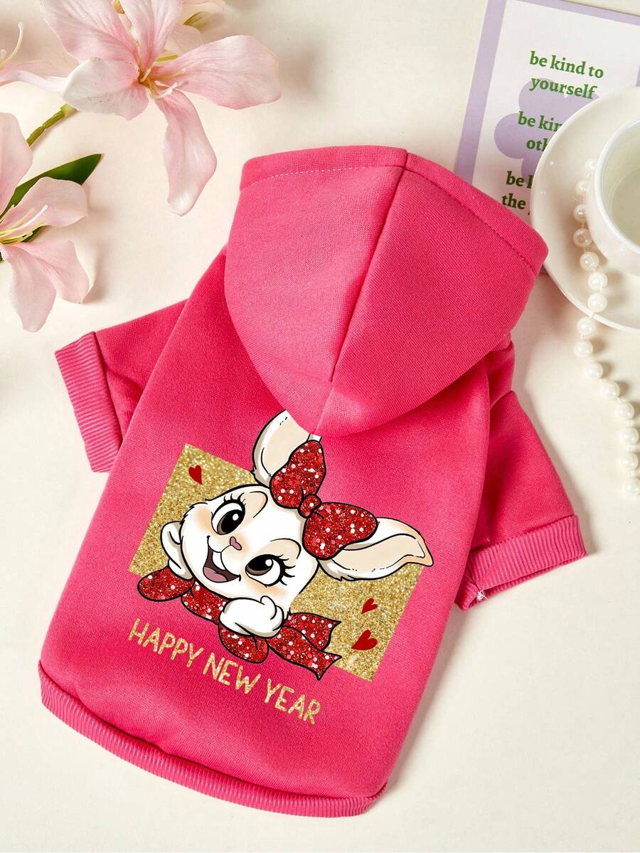 PETSIN 1件可爱脸颊兔字母印花宠物帽帽连帽衫玫瑰红秋冬休闲运动风宠物服装 - 玫紅色 - 查看 1